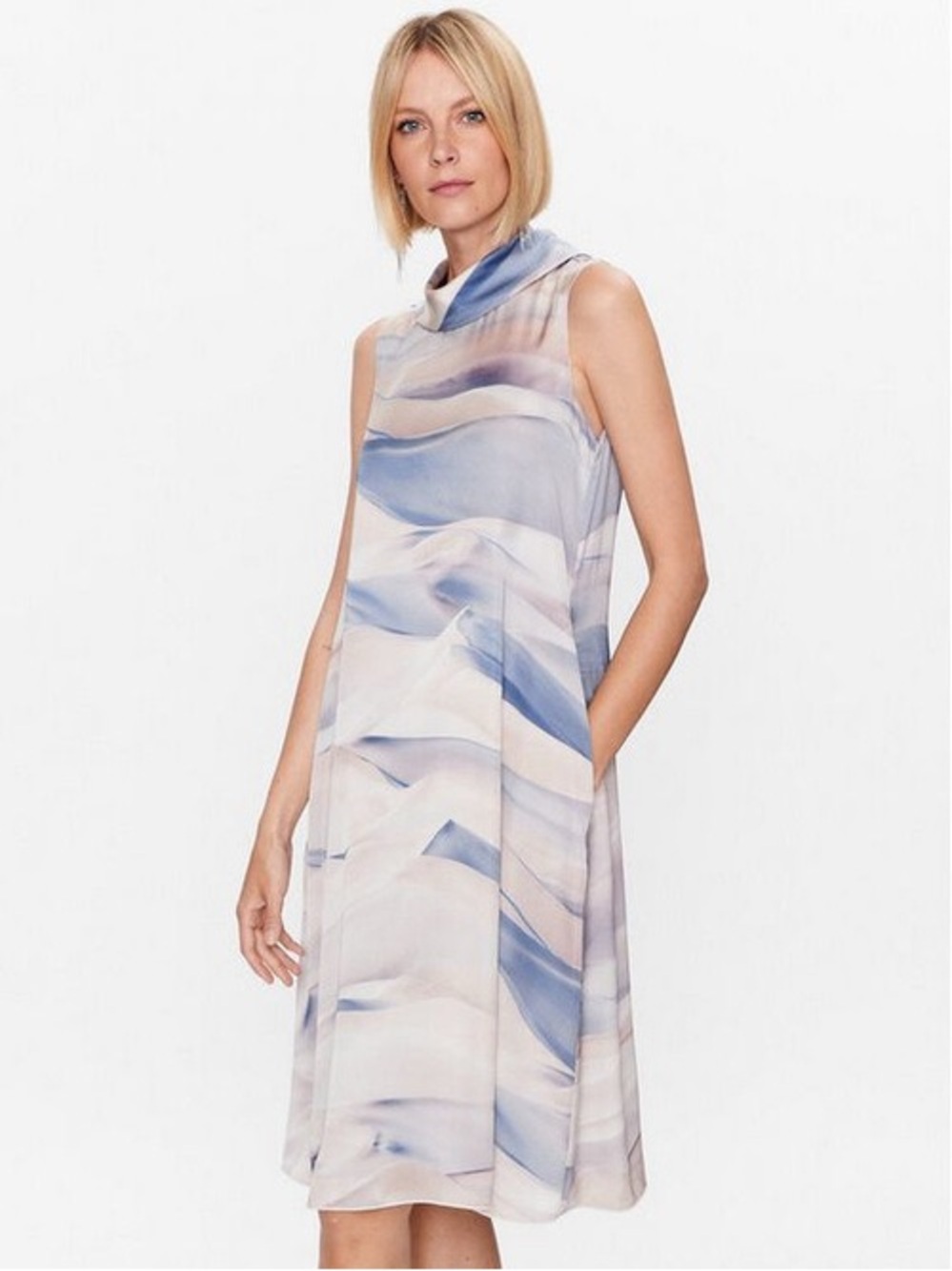 Peserico Sleeveless Wave-Print Midi Dress in Blue and Cream Size S/M